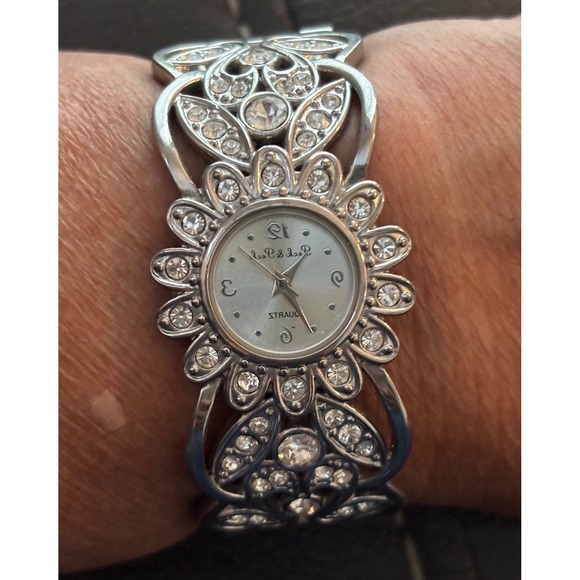 Peck & Peck Accessories - Peck & Peck Silver Tone Rhinestone Floral Cuff Watch Quartz Analog Dressy